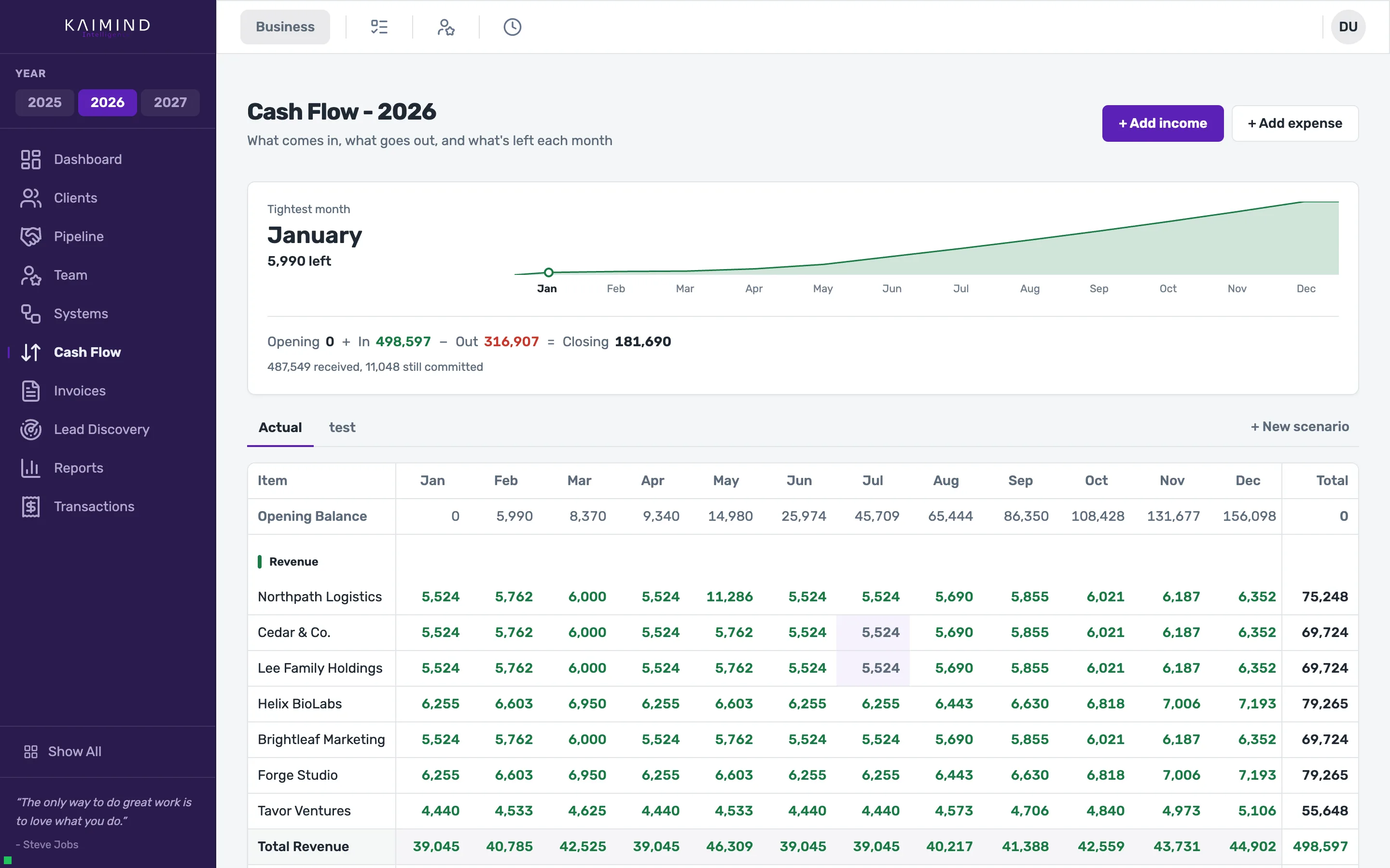 Kaimind Cash flow view
