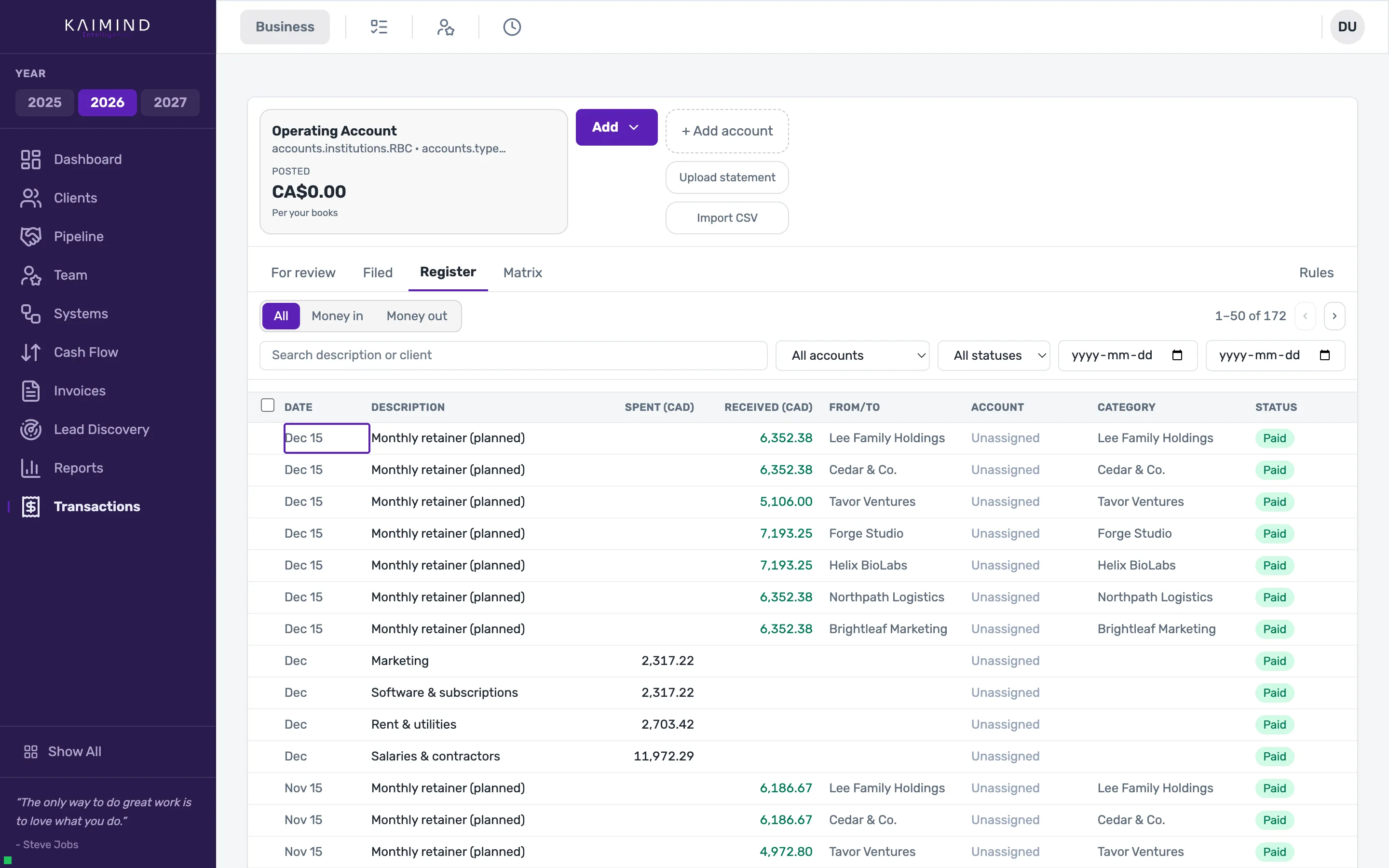 Kaimind Income view